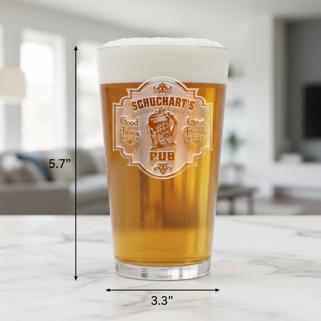 Tap Room Personalized Bar Sign Pint Glass dimensions infographic showing 5.75 inches tall by 3.3 inches wide with 16 oz capacity