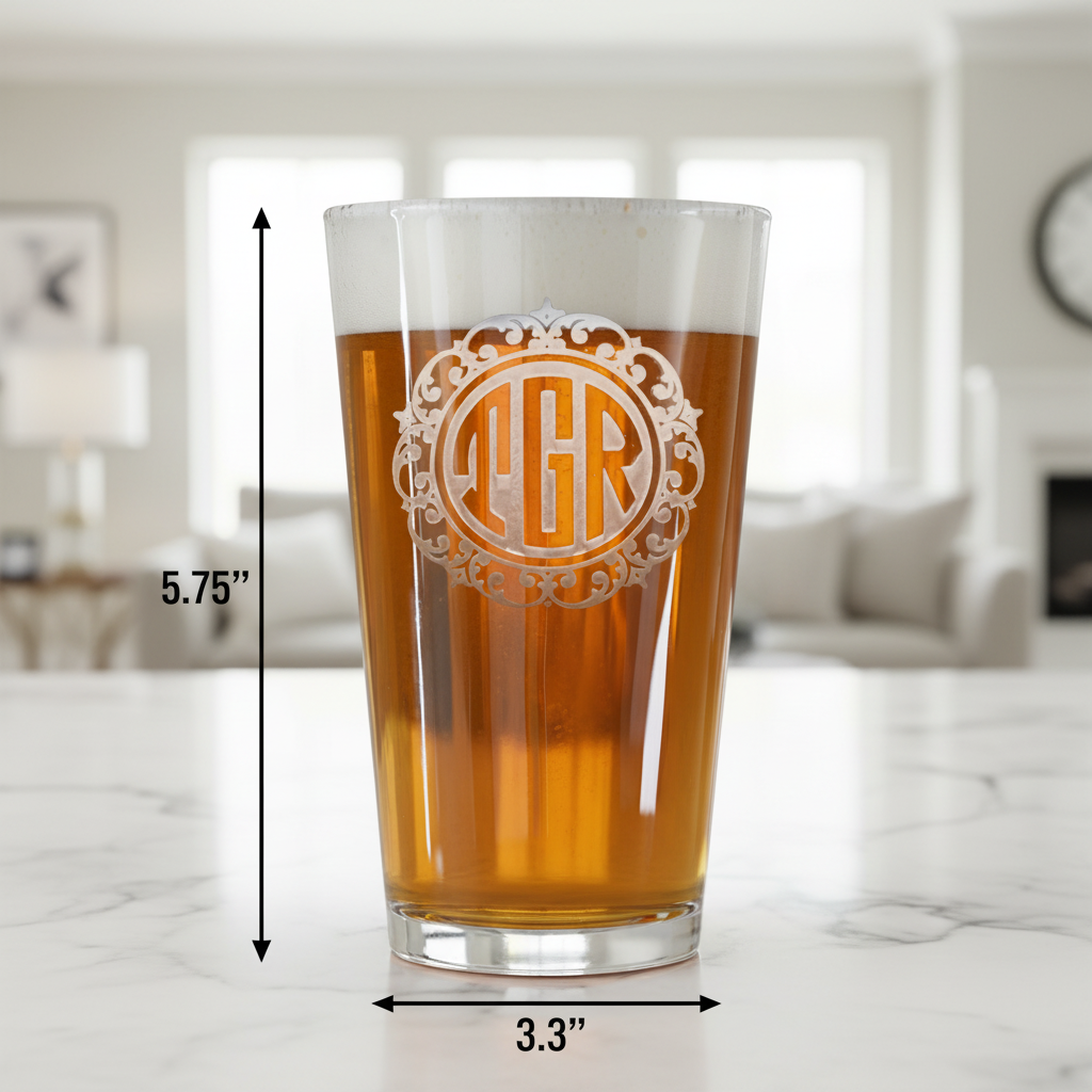Initial Monogram Personalized Pint Glass dimensions infographic showing 5.75 inches tall by 3.3 inches wide with 16 oz capacity