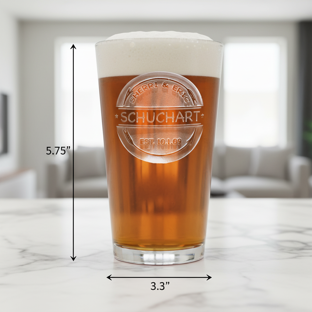 Rustic Arrows Personalized Wedding Pint Glass dimensions infographic showing 5.75 inches tall by 3.3 inches wide with 16 oz capacity