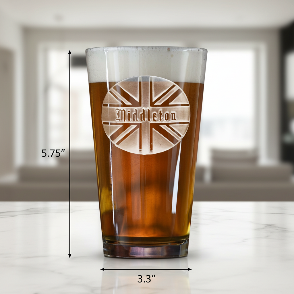 Union Jack Personalized Pint Glass dimensions infographic showing 5.75 inches tall by 3.3 inches wide with 16 oz capacity