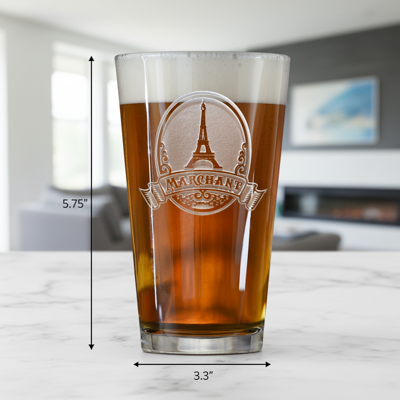 Paris Skyline Personalized Pint Glass dimensions infographic showing 5.75 inches tall by 3.3 inches wide with 16 oz capacity