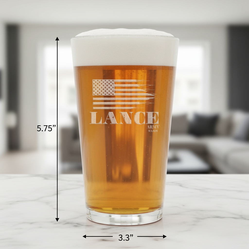 American Heroes Personalized Pint Glass dimensions infographic showing 5.75 inches tall by 3.3 inches wide with 16 oz capacity