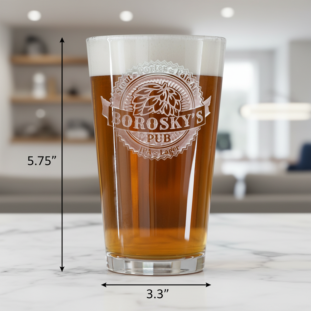 Home Brewer Personalized Pint Glass dimensions infographic showing 5.75 inches tall by 3.3 inches wide with 16 oz capacity