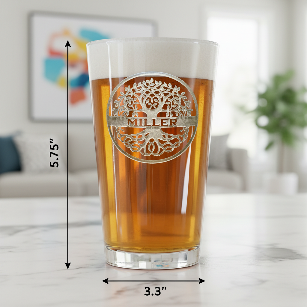 Heritage Tree Personalized Pint Glass dimensions infographic showing 5.75 inches tall by 3.3 inches wide with 16 oz capacity