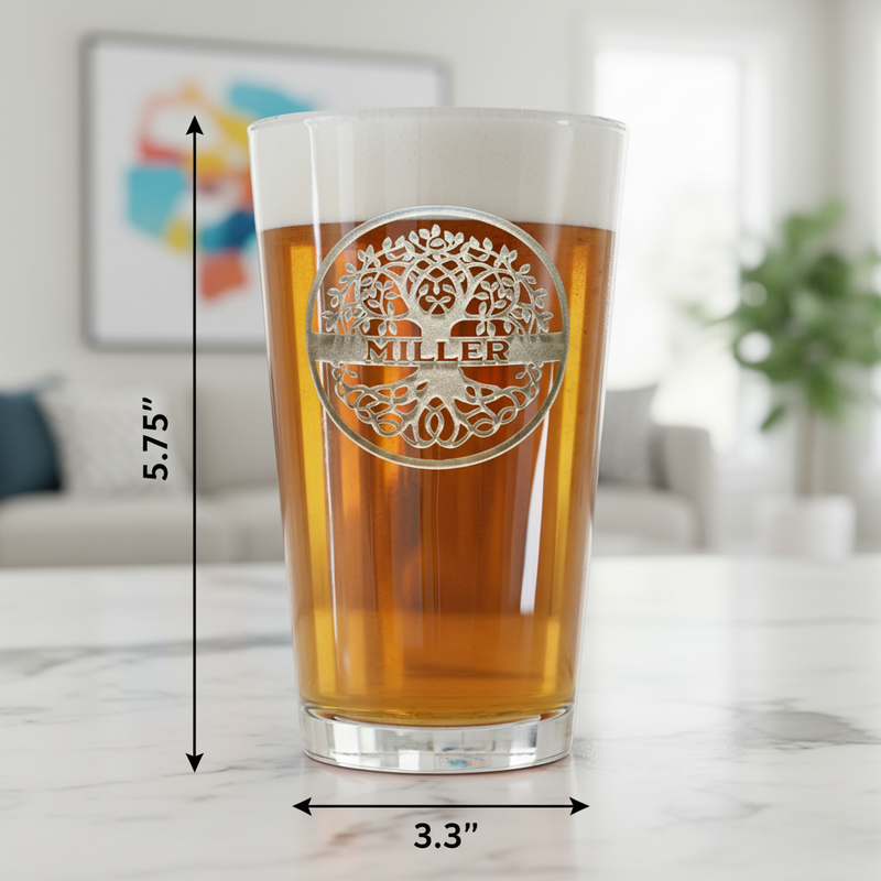 Heritage Tree Personalized Pint Glass dimensions infographic showing 5.75 inches tall by 3.3 inches wide with 16 oz capacity