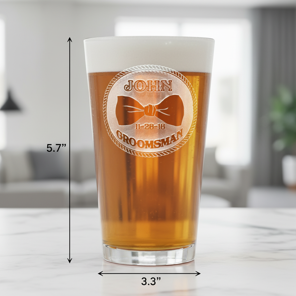 Bowtie Groomsmen Personalized Pint Glass dimensions infographic showing 5.75 inches tall by 3.3 inches wide with 16 oz capacity
