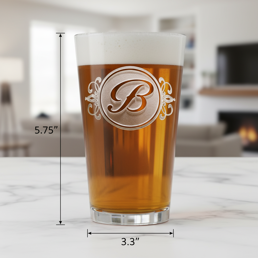 Royal Monogram Personalized Pint Glass dimensions infographic showing 5.75 inches tall by 3.3 inches wide with 16 oz capacity