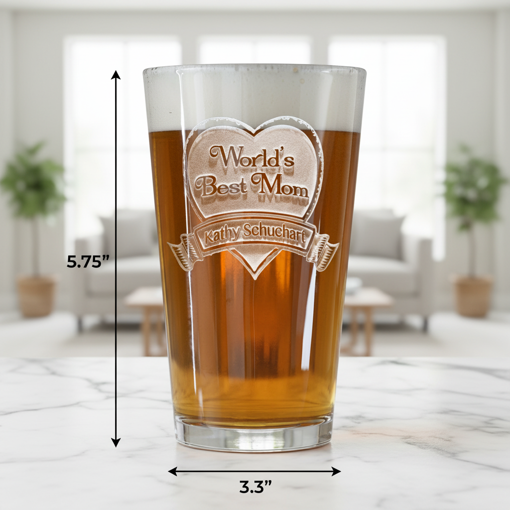 World's Best Mom Personalized Pint Glass dimensions infographic showing 5.75 inches tall by 3.3 inches wide with 16 oz capacity