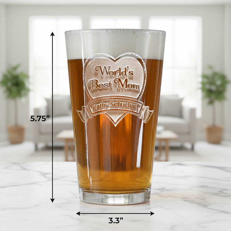 World's Best Mom Personalized Pint Glass dimensions infographic showing 5.75 inches tall by 3.3 inches wide with 16 oz capacity