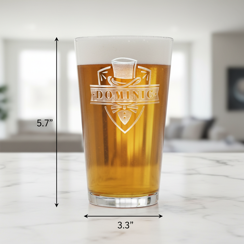 Top Hat Tuxedo Personalized Pint Glass dimensions infographic showing 5.75 inches tall by 3.3 inches wide with 16 oz capacity