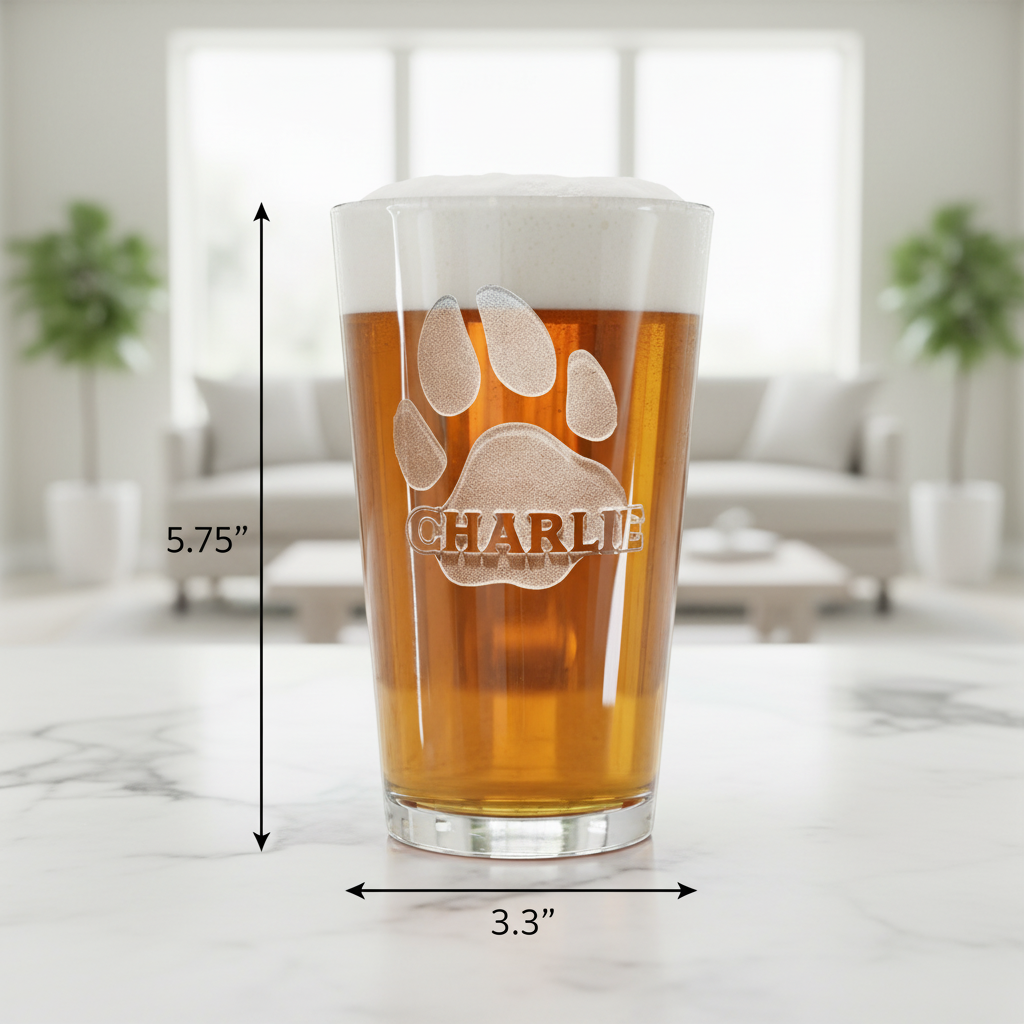 Paw Print Personalized Pint Glass dimensions infographic showing 5.75 inches tall by 3.3 inches wide with 16 oz capacity