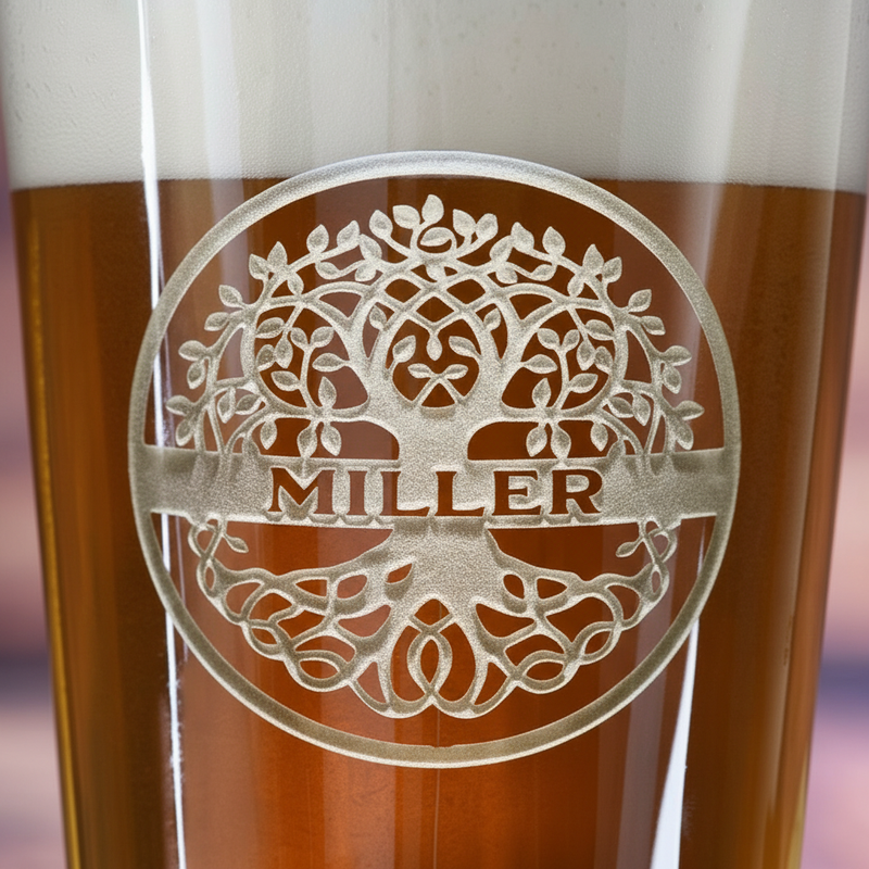 Close-up macro of Heritage Tree Personalized Pint Glass showing the sand-carved 3D depth of the Celtic tree of life with family last name across the center