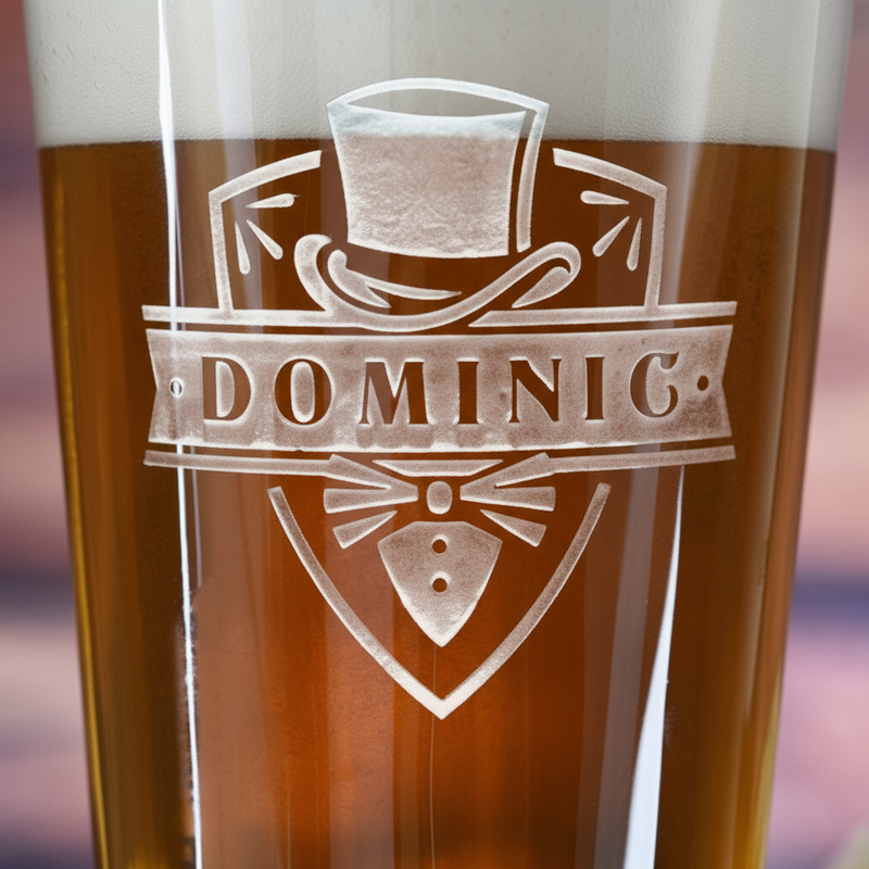 Close-up macro of Top Hat Tuxedo Personalized Pint Glass showing the sand-carved 3D depth of the tuxedo top hat shield with name banner