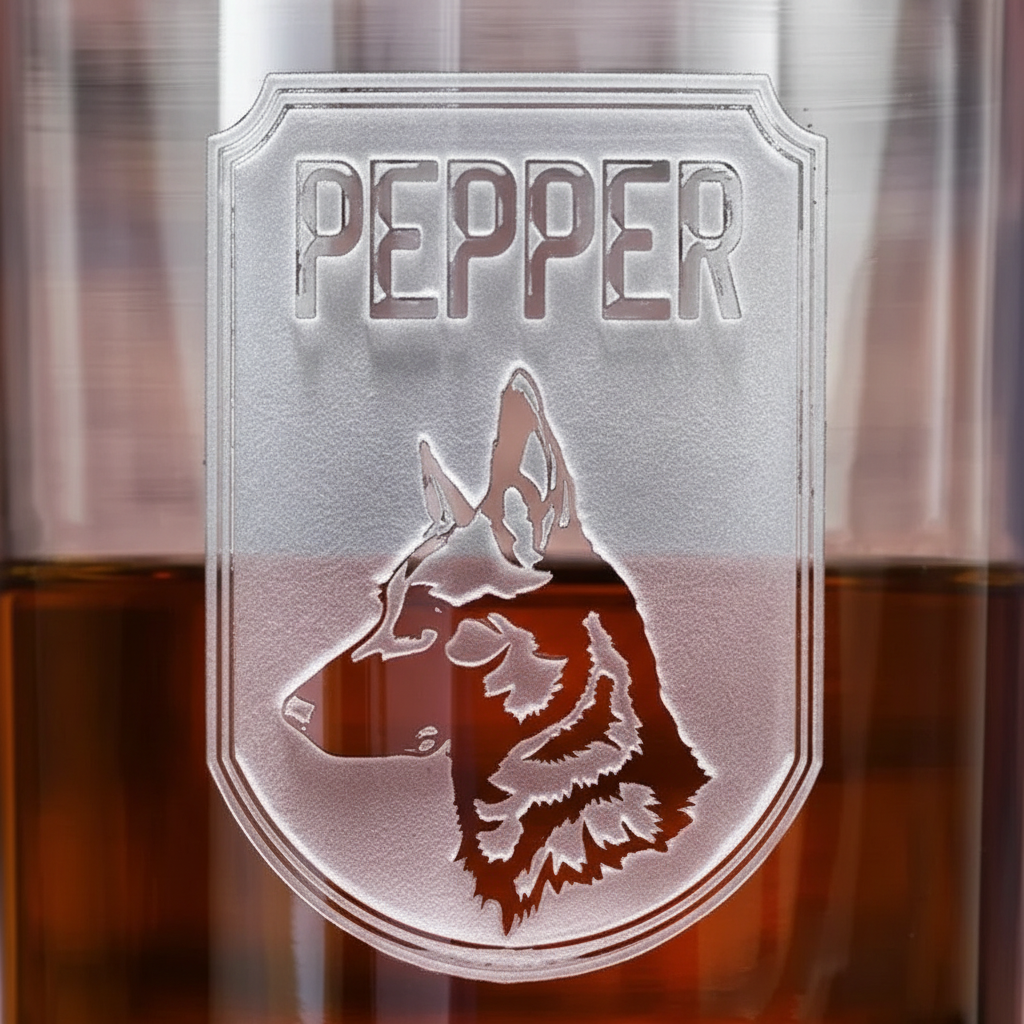 Close-up macro of Dog Dad Personalized Whiskey Glass showing the sand-carved 3D depth of the pup name with dog breed silhouette in shield