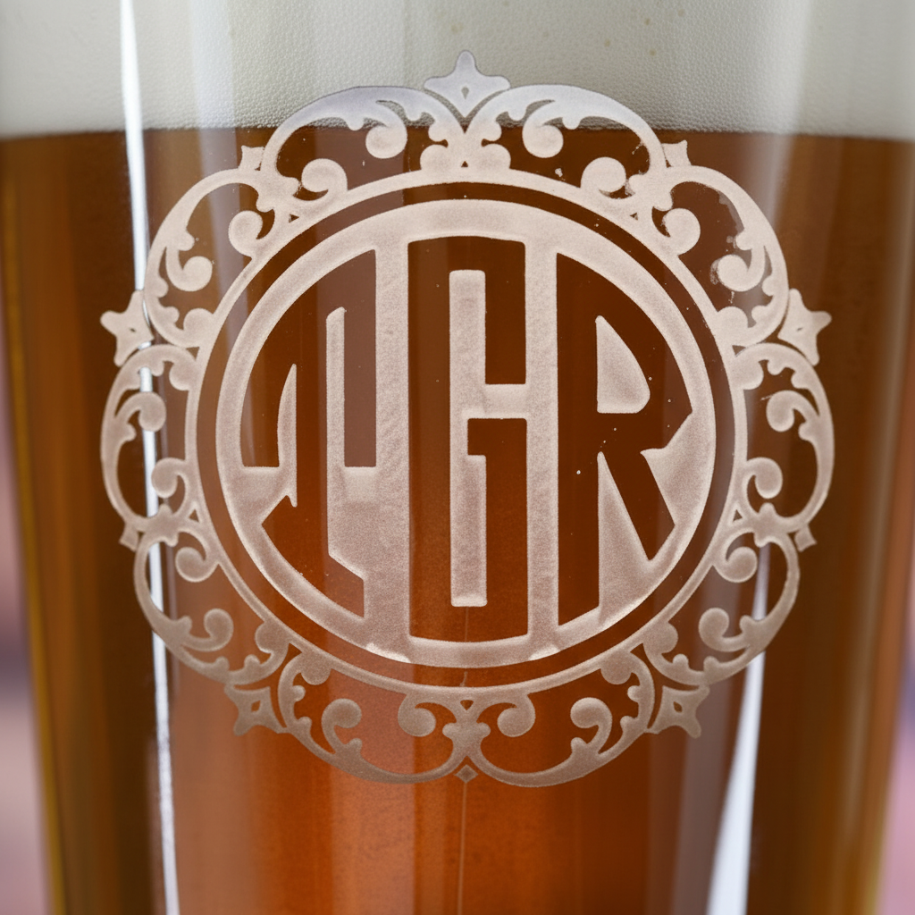Close-up macro of Initial Monogram Personalized Pint Glass showing the sand-carved 3D depth of the ornate 3-letter monogram inside filigree border