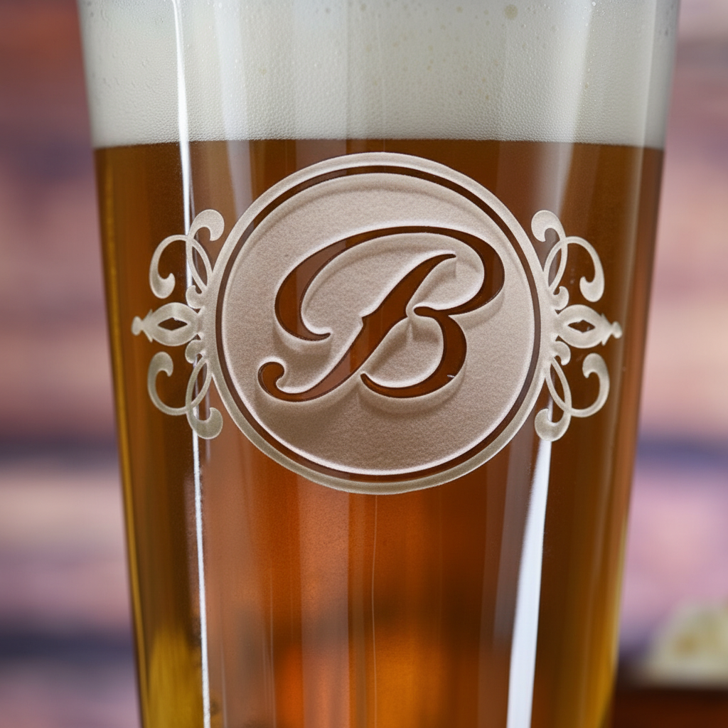 Close-up macro of Royal Monogram Personalized Pint Glass showing the sand-carved 3D depth of the single ornate script initial in decorative round frame with fleur-de-lis scrollwork