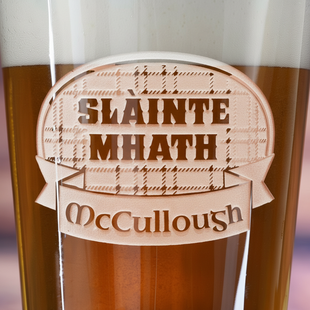 Close-up macro of Highland Toast Personalized Scottish Pint Glass showing the sand-carved 3D depth of the tartan label with Scottish toast and name banner