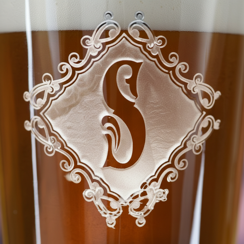 Close-up macro of Diamond Crest Personalized Pint Glass showing the sand-carved 3D depth of the ornate single initial in diamond filigree crest