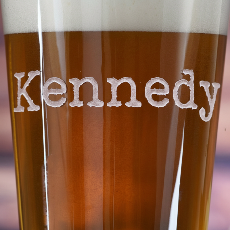 Close-up macro of Typewriter Personalized Name Pint Glass showing the sand-carved 3D depth of the name in vintage typewriter font