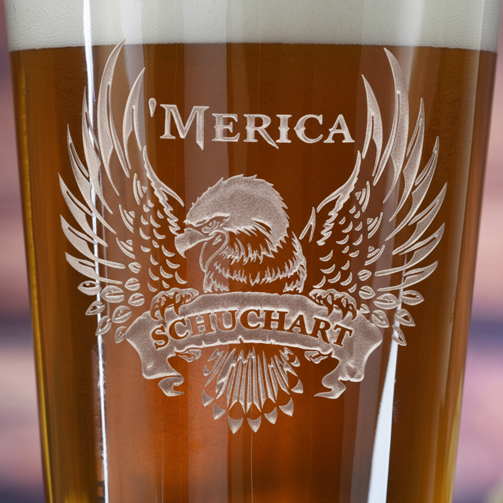 Close-up macro of 'Merica Bald Eagle Personalized Pint Glass showing the sand-carved 3D depth of the 'Merica bald eagle with name banner