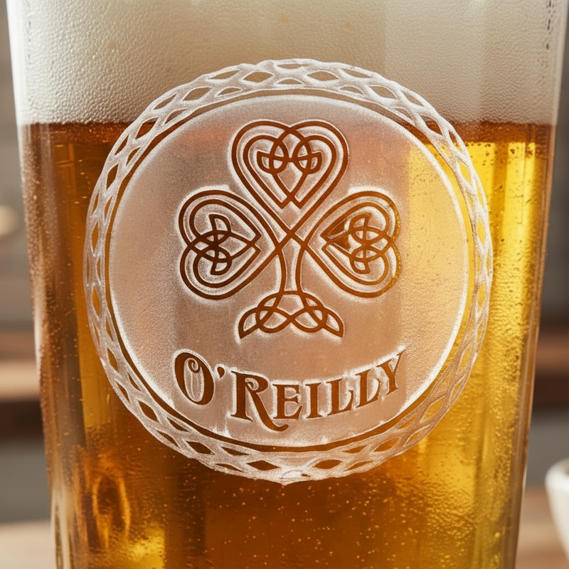 Close-up macro of Celtic Knot Personalized Irish Pint Glass showing the sand-carved 3D depth of the Celtic knot shamrock with family last name