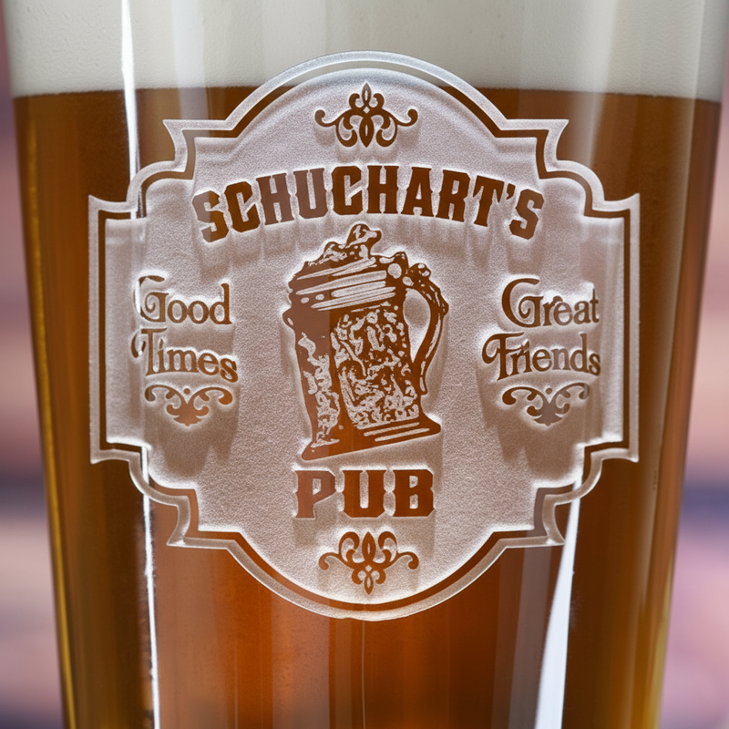 Close-up macro of Tap Room Personalized Bar Sign Pint Glass showing the sand-carved 3D depth of the family pub-sign label with beer mug and 'PUB' banner