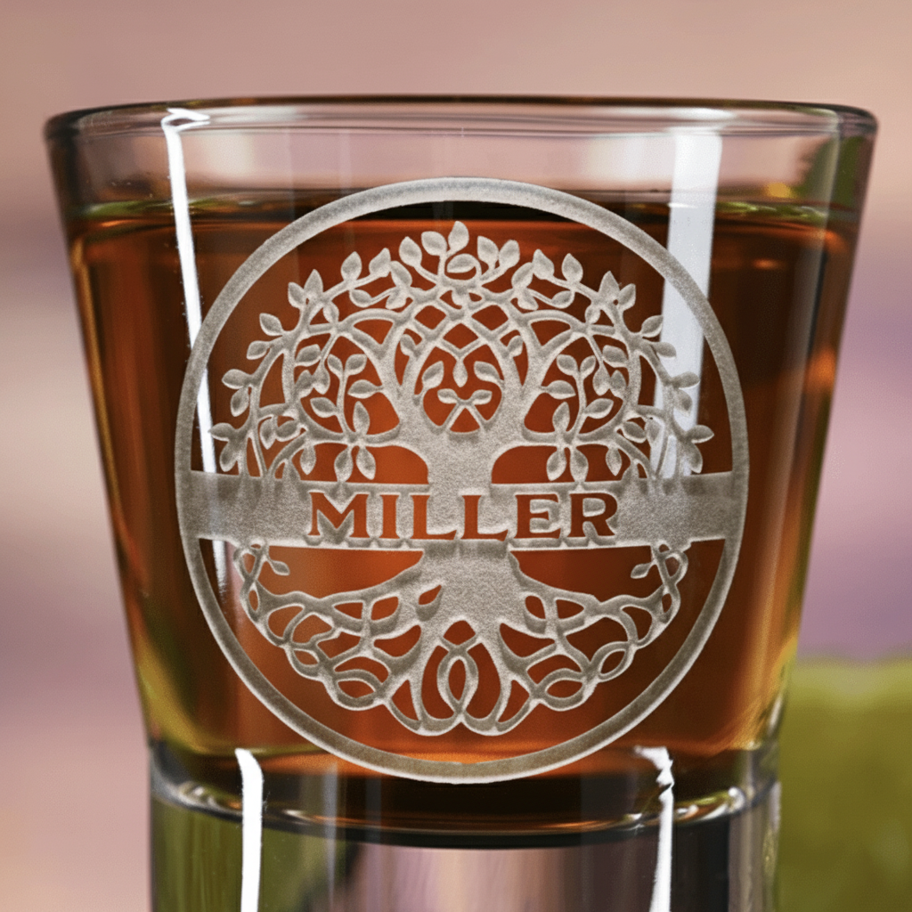 Close-up macro of Heritage Roots Personalized Family Tree Shot Glass showing the sand-carved 3D depth of the family tree medallion with family name banner