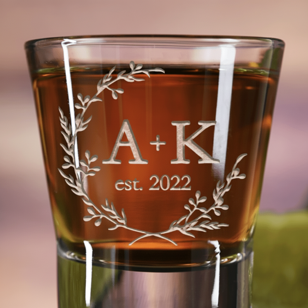 Close-up macro of Better Halves Personalized Couples Shot Glass showing the sand-carved 3D depth of the two initials with plus sign and 'est. [year]' couples design