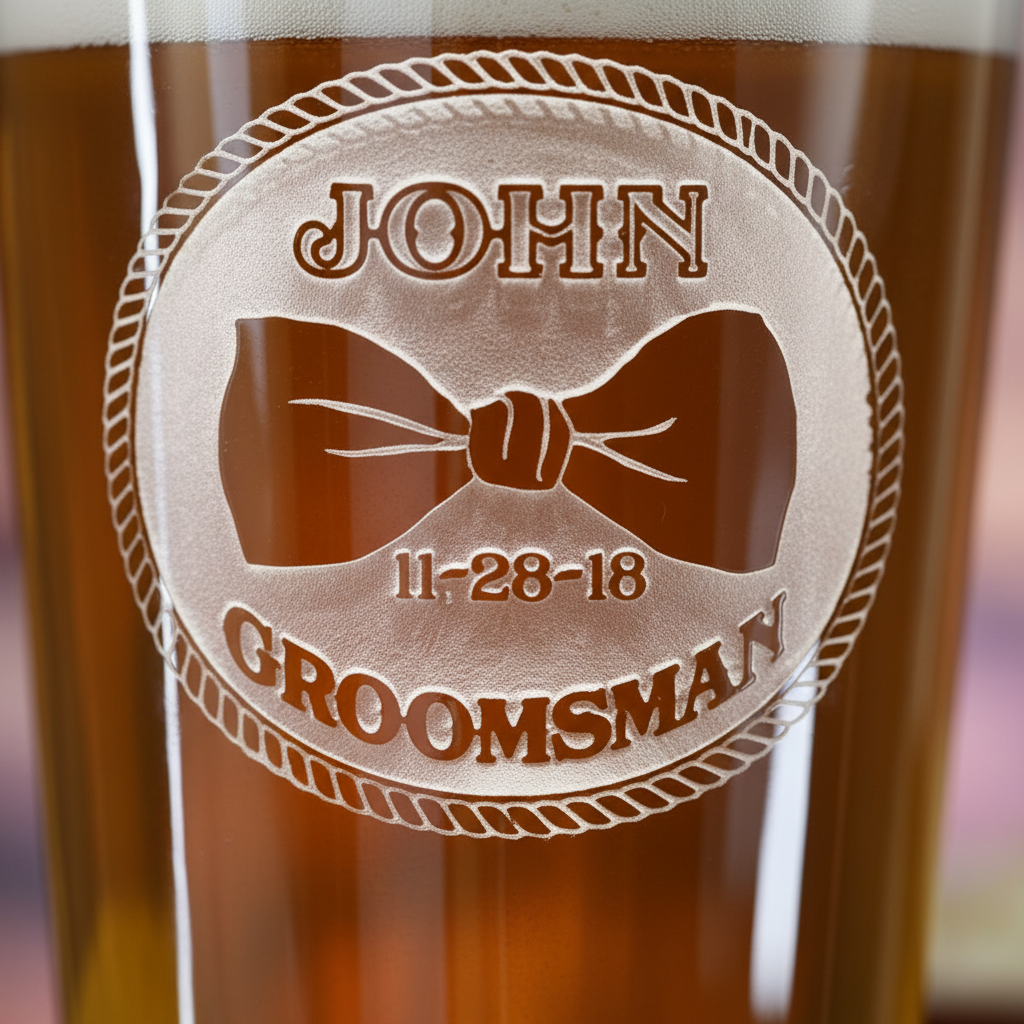 Close-up macro of Bowtie Groomsmen Personalized Pint Glass showing the sand-carved 3D depth of the name with bowtie, wedding date and 'GROOMSMAN' label