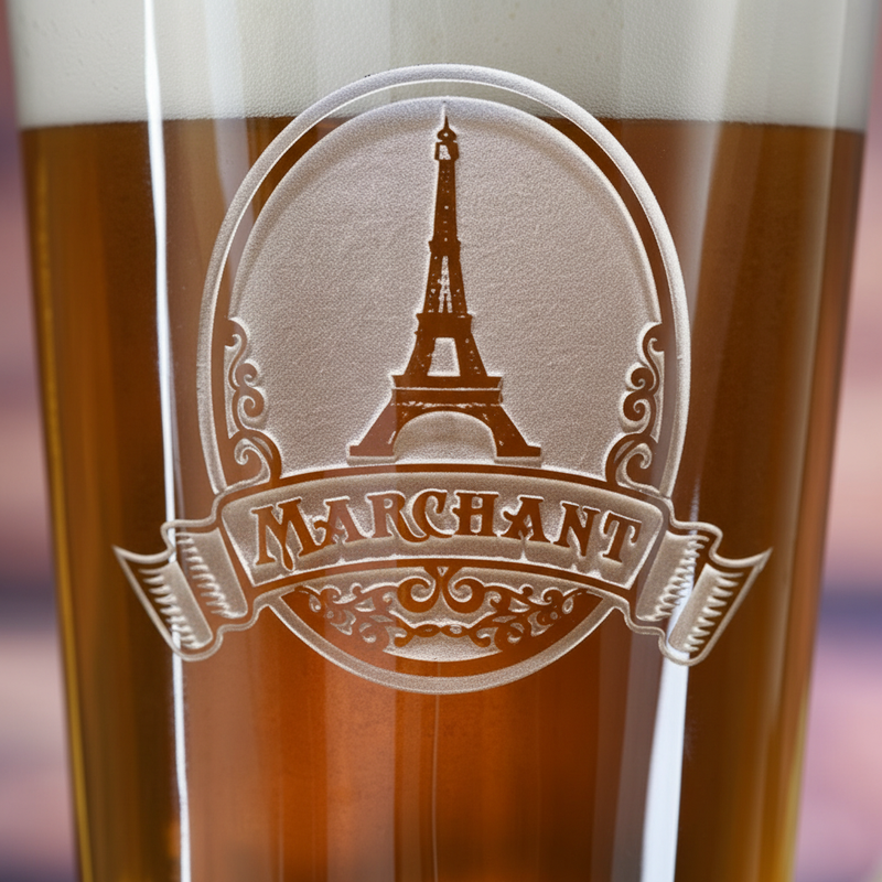 Close-up macro of Paris Skyline Personalized Pint Glass showing the sand-carved 3D depth of the Eiffel Tower with name banner