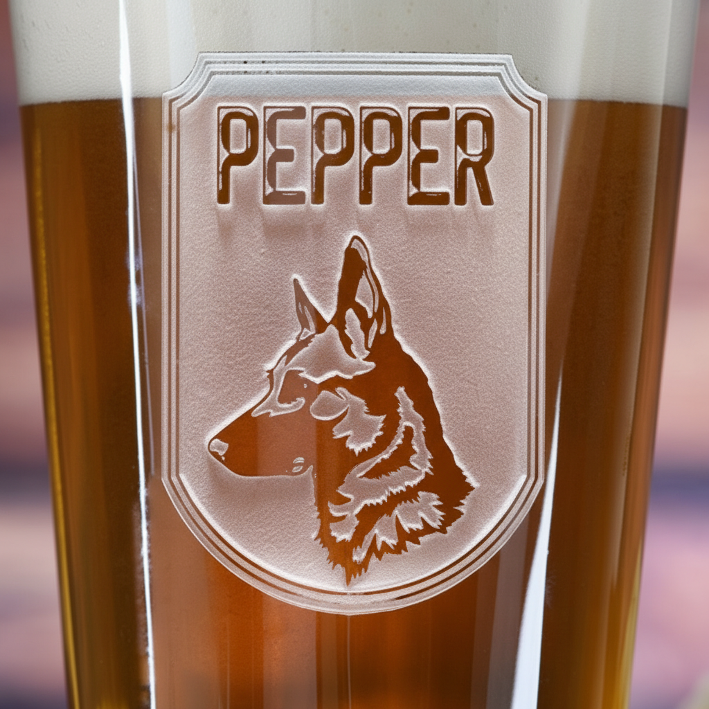 Close-up macro of Dog Dad Personalized Pint Glass showing the sand-carved 3D depth of the pup name with dog breed silhouette in shield