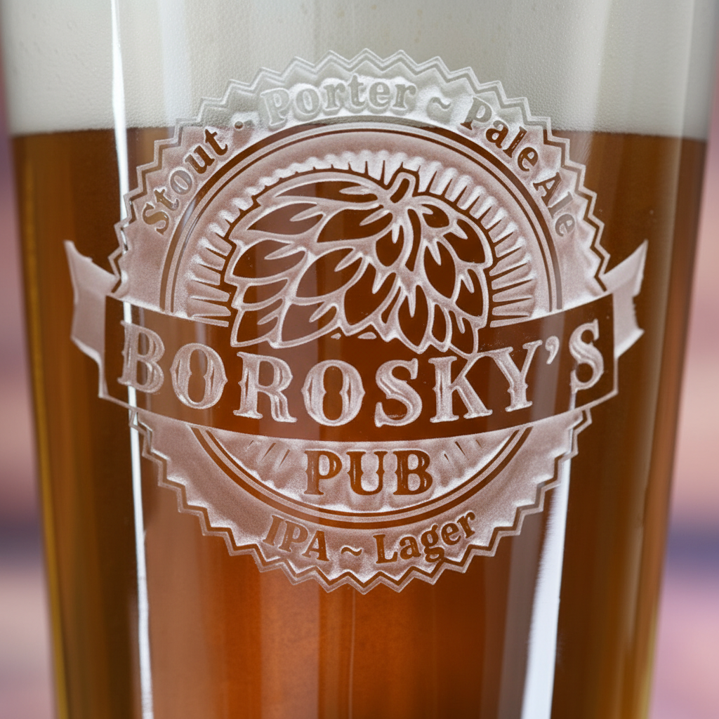 Close-up macro of Home Brewer Personalized Pint Glass showing the sand-carved 3D depth of the family pub name with hops home brew badge