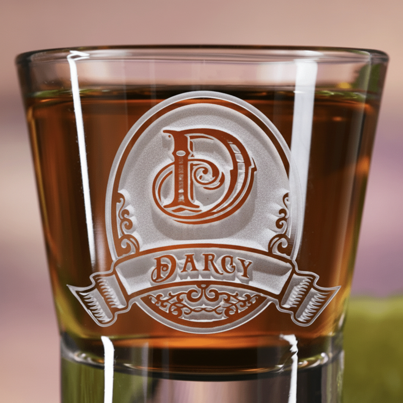 Close-up macro of Crusader Personalized Medieval Shot Glass showing the sand-carved 3D depth of the single initial in medieval frame with twin swords and name banner