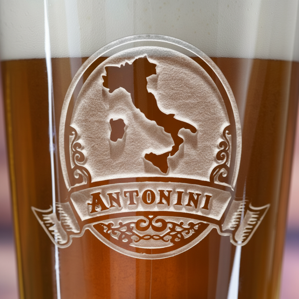 Close-up macro of Tuscan Personalized Italian Pint Glass showing the sand-carved 3D depth of the Italian-pride design with family last name