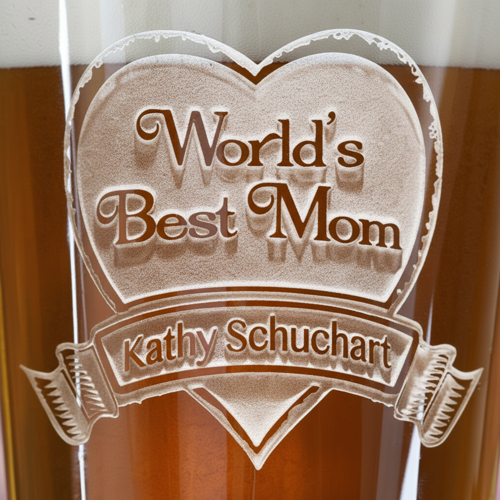 Close-up macro of World's Best Mom Personalized Pint Glass showing the sand-carved 3D depth of the heart with World's Best Mom text and name banner