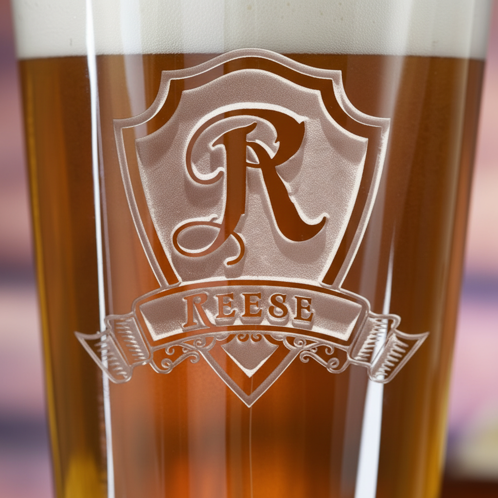 Close-up macro of Royal Shield Personalized Pint Glass showing the sand-carved 3D depth of the heraldic shield and name banner engraving