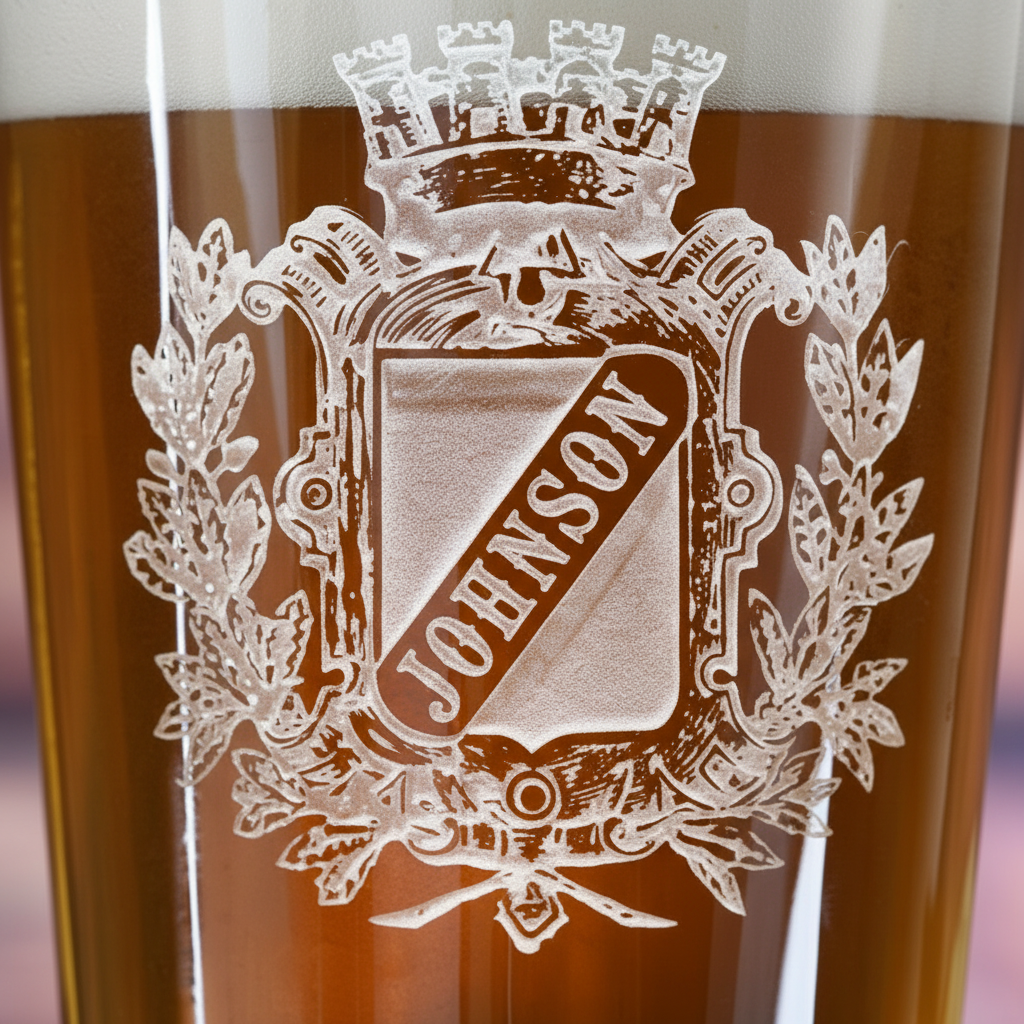 Close-up macro of House Crest Personalized Pint Glass showing the sand-carved 3D depth of the heraldic family crest with castle towers and family name banner