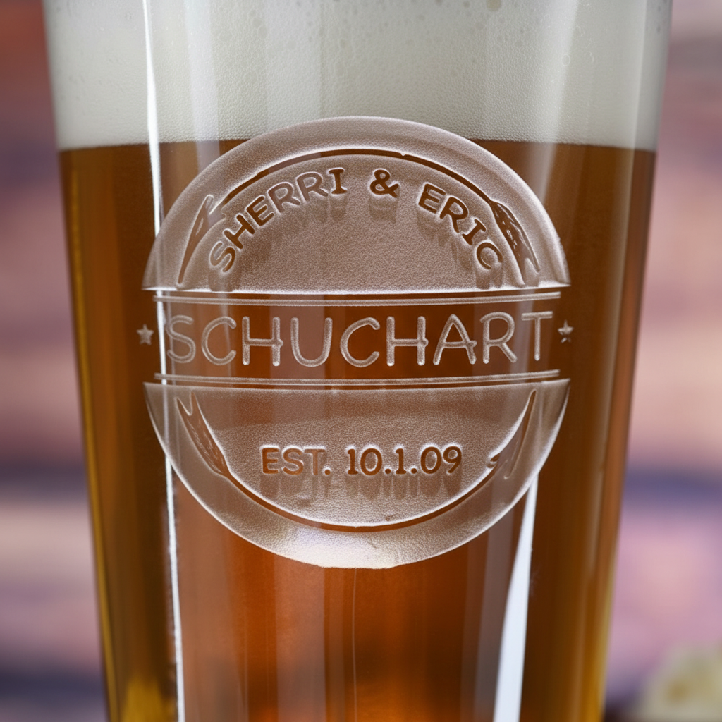 Close-up macro of Rustic Arrows Personalized Wedding Pint Glass showing the sand-carved 3D depth of the rustic arrows wedding design with couple names, family name, and wedding date