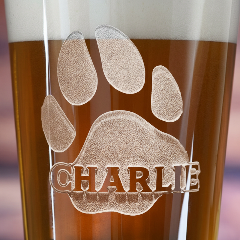 Close-up macro of Paw Print Personalized Pint Glass showing the sand-carved 3D depth of the large paw print with dog's name engraved across center