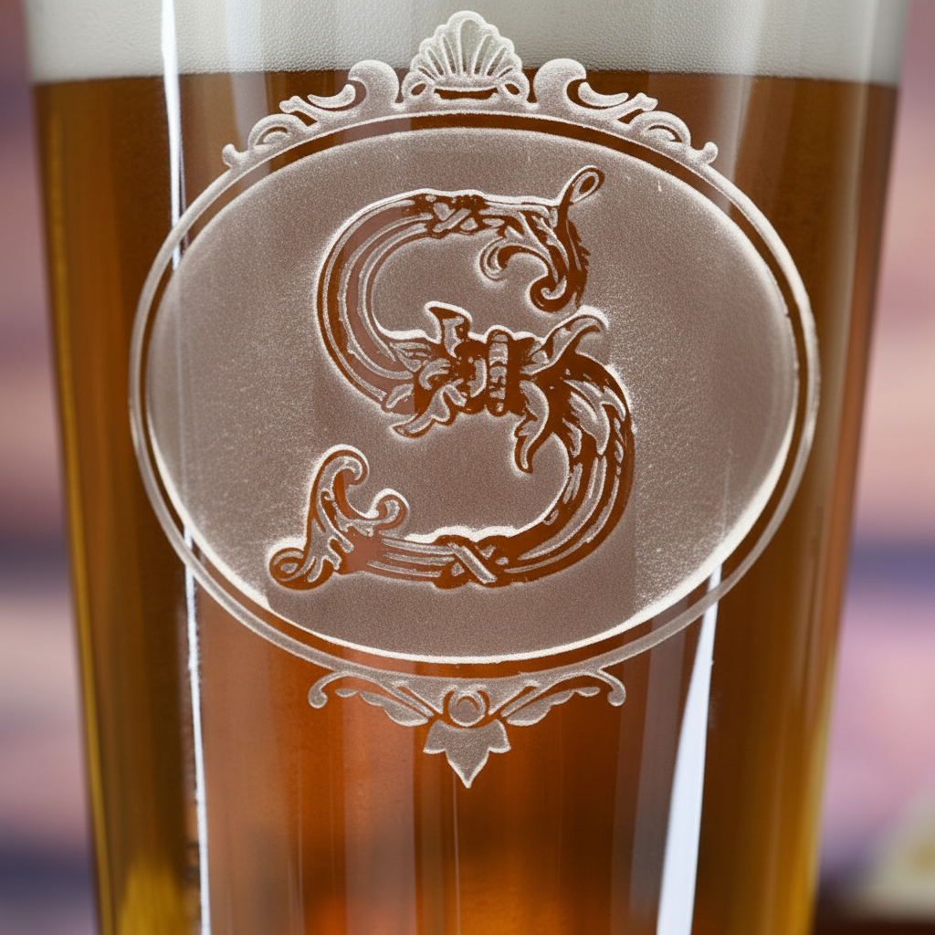 Close-up macro of Filigree Personalized Initial Pint Glass showing the sand-carved 3D depth of the ornate filigree single initial