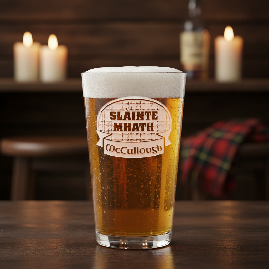 Highland Toast Personalized Scottish Pint Glass lifestyle shot showing the tartan label with Scottish toast and name banner engraving in a real-world setting