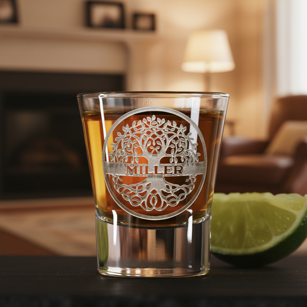 Heritage Roots Personalized Family Tree Shot Glass lifestyle shot showing the family tree medallion with family name banner engraving in a real-world setting