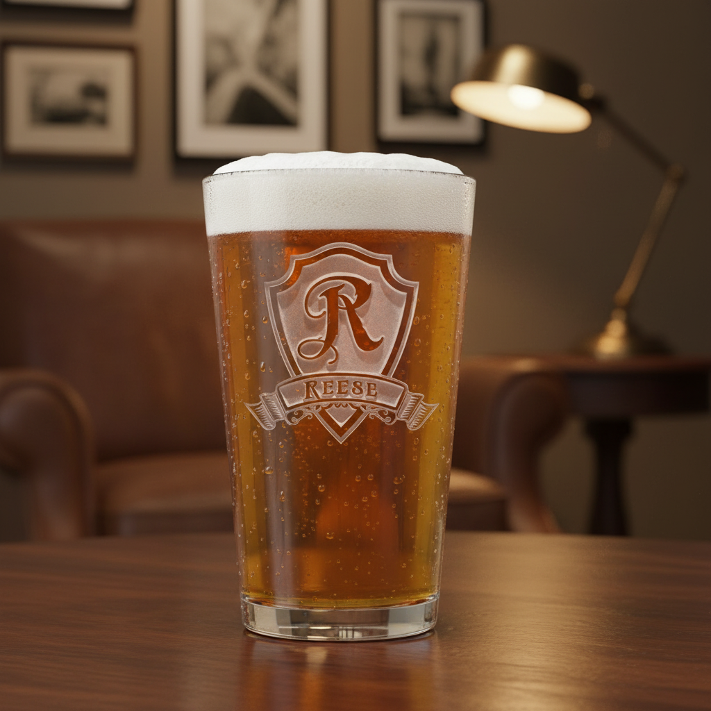 Royal Shield Personalized Pint Glass lifestyle shot showing the heraldic shield with initial and name banner engraving in a refined home bar scene