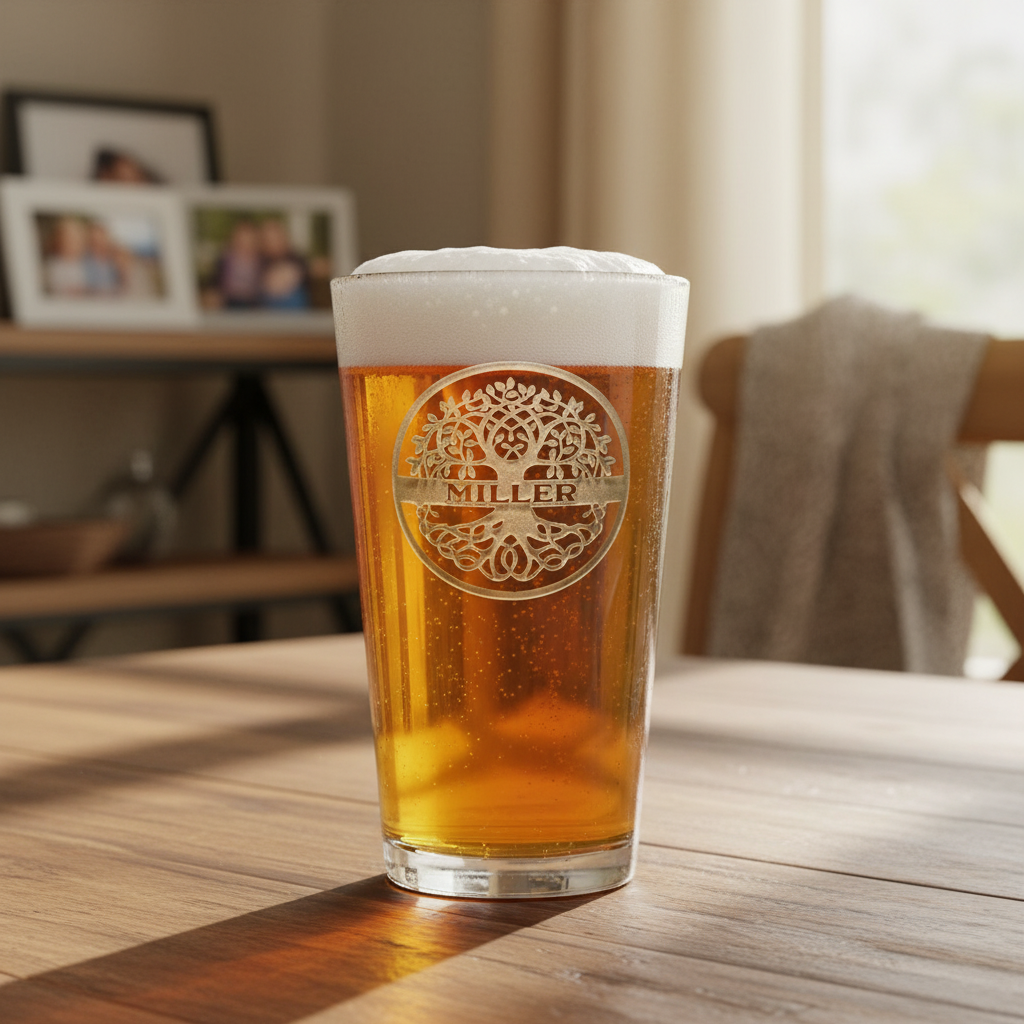 Heritage Tree Personalized Pint Glass lifestyle shot showing the Celtic tree of life with family last name across the center engraving in a real-world setting