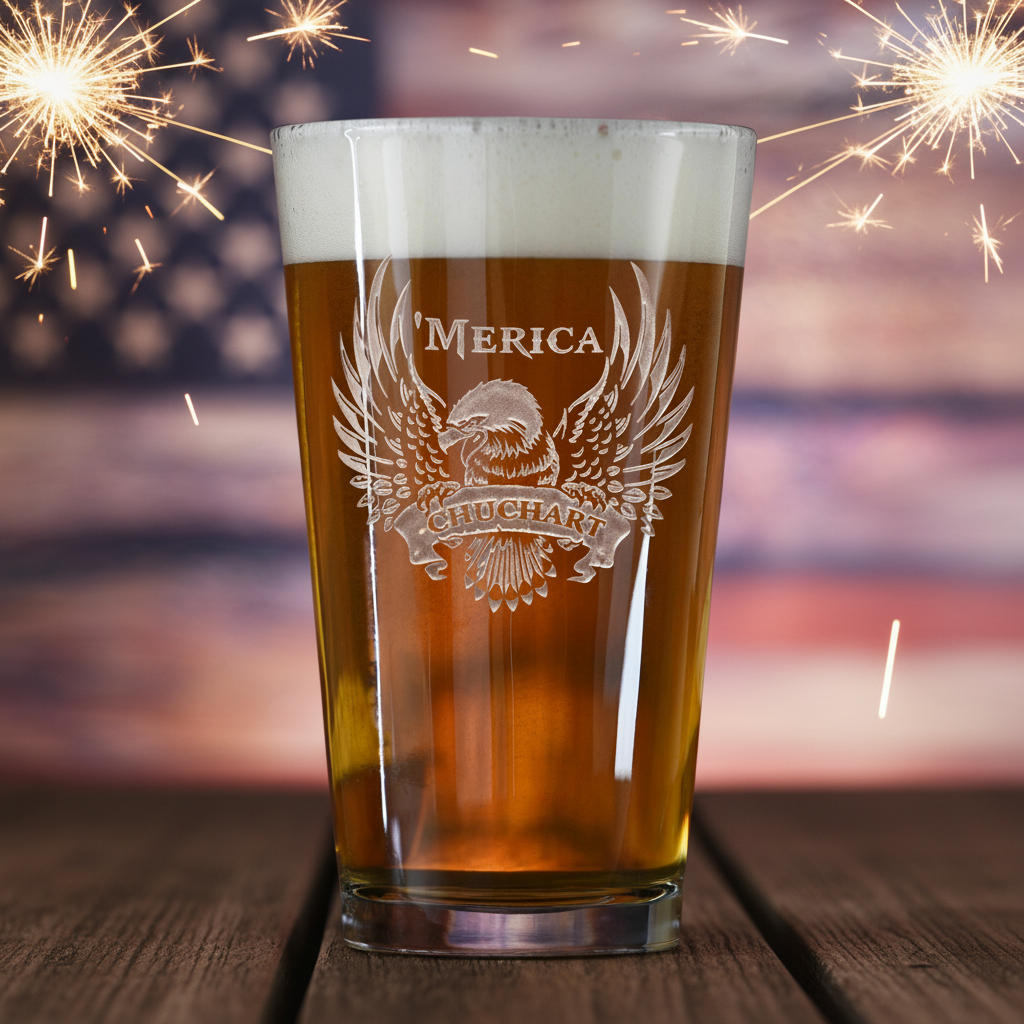 'Merica Bald Eagle Personalized Pint Glass lifestyle shot showing the 'Merica bald eagle with name banner engraving in a real-world setting
