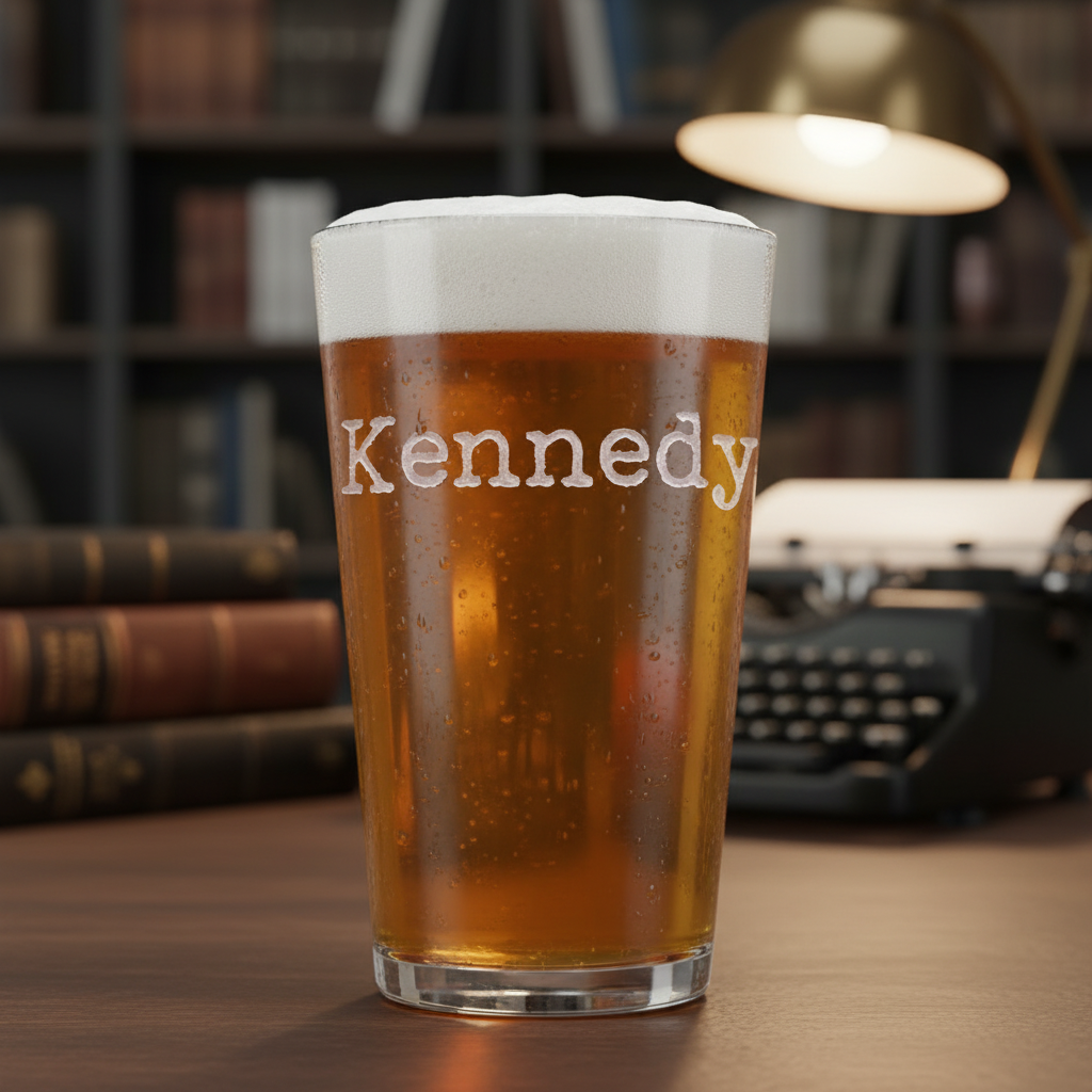 Typewriter Personalized Name Pint Glass lifestyle shot showing the name in vintage typewriter font engraving in a real-world setting