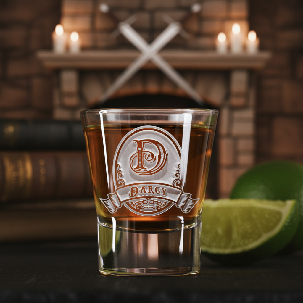 Crusader Personalized Medieval Shot Glass lifestyle shot showing the single initial in medieval frame with twin swords and name banner engraving in a real-world setting