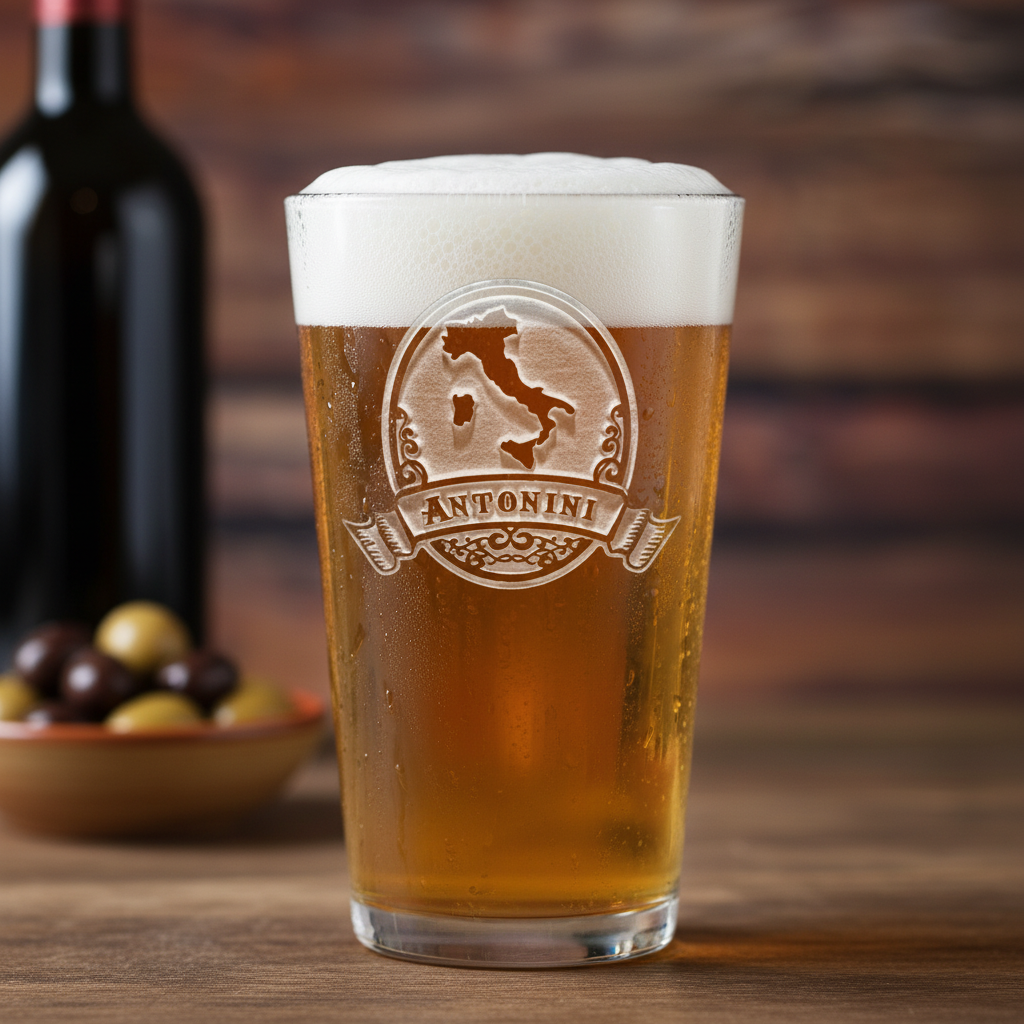 Tuscan Personalized Italian Pint Glass lifestyle shot showing the Italian-pride design with family last name engraving in a real-world setting