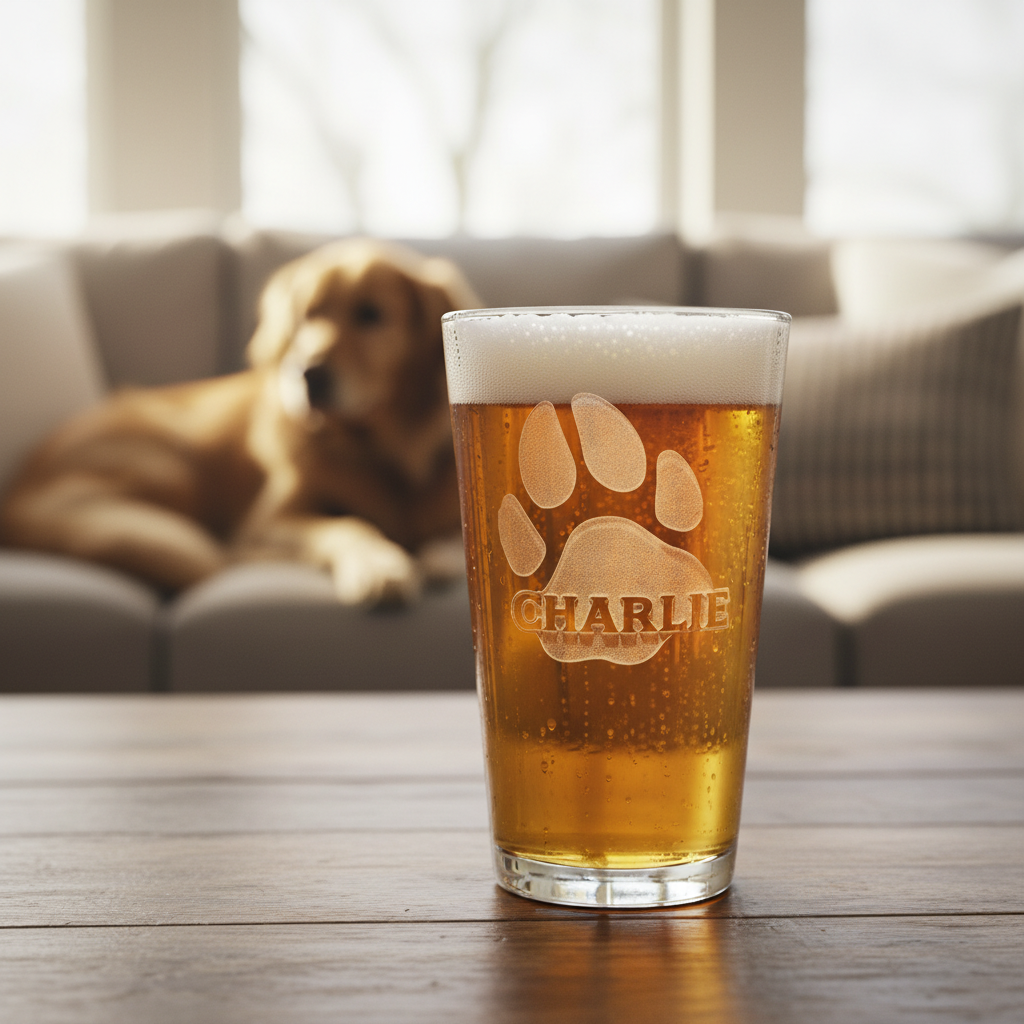 Paw Print Personalized Pint Glass lifestyle shot showing the large paw print with dog's name engraved across center engraving in a real-world setting