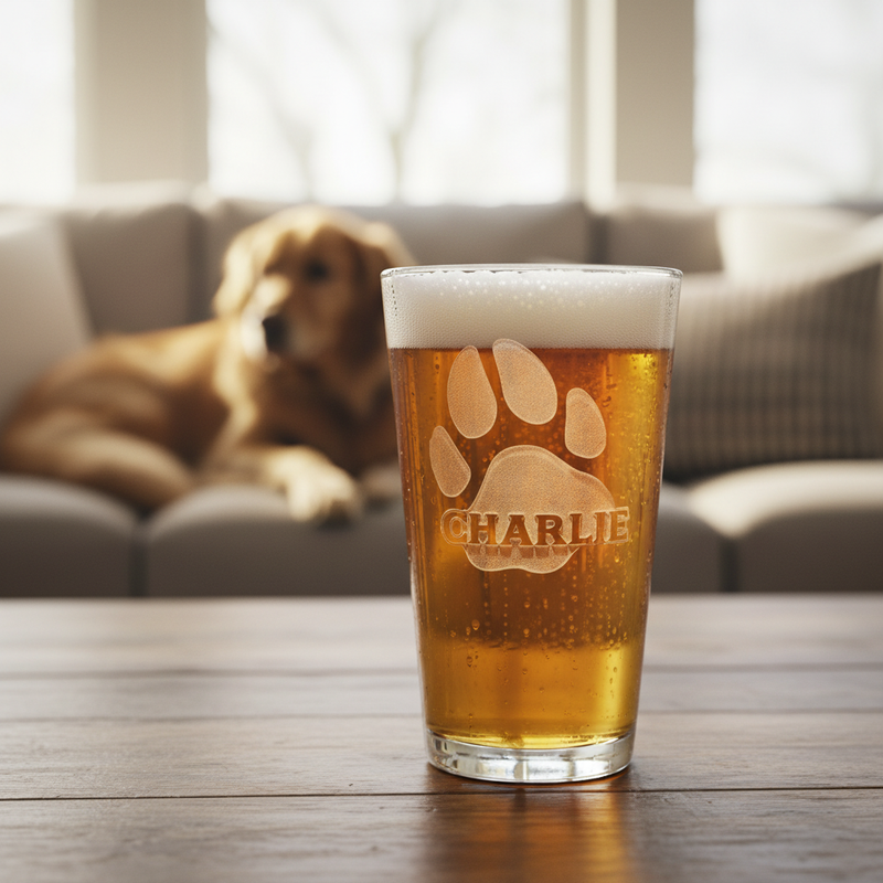 Paw Print Personalized Pint Glass lifestyle shot showing the large paw print with dog's name engraved across center engraving in a real-world setting